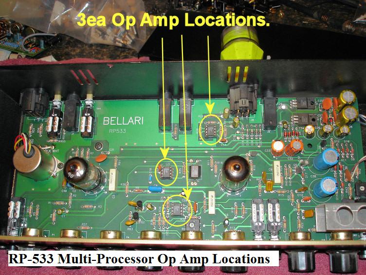 Here is an inside pic of the RP-533. The Op Amps are marked in yellow.
